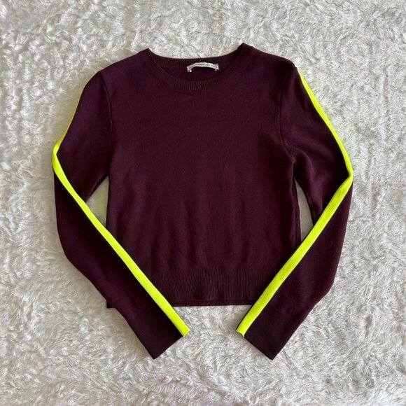 Zara Maroon Knit Sweater with Neon Yellow Stripped Long Sleeves - Small - Picture 1 of 6